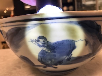 A Chinese blue and white bowl with figures on bulls, Chenghua mark, Transitional period