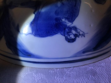 A Chinese blue and white bowl with figures on bulls, Chenghua mark, Transitional period