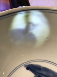 A Chinese blue and white bowl with figures on bulls, Chenghua mark, Transitional period