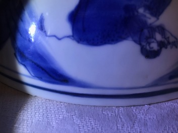 A Chinese blue and white bowl with figures on bulls, Chenghua mark, Transitional period