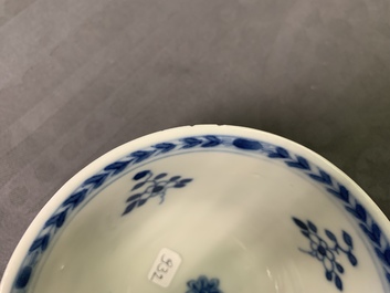 Six Chinese blue and white 'mother and child' cups and five saucers, Kangxi