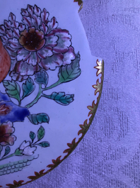 A polychrome petit feu and gilded Dutch Delft famille rose-style butter tub, 18th C.