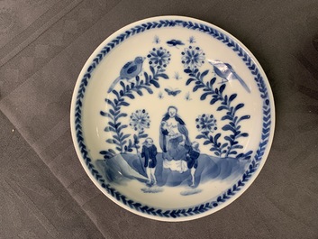 Six Chinese blue and white 'mother and child' cups and five saucers, Kangxi