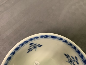 Six Chinese blue and white 'mother and child' cups and five saucers, Kangxi