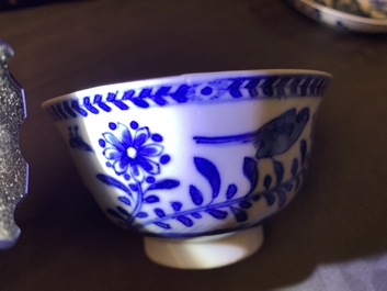 Six Chinese blue and white 'mother and child' cups and five saucers, Kangxi
