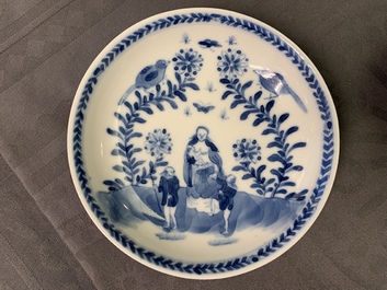 Six Chinese blue and white 'mother and child' cups and five saucers, Kangxi