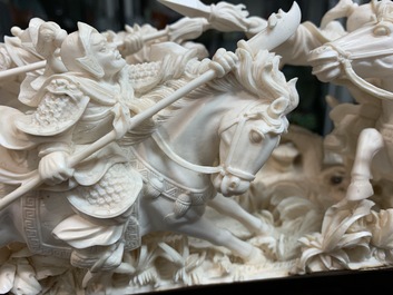 A Chinese carved ivory group with warriors on horseback, 2nd quarter 20th C.