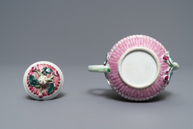 Two Chinese famille rose relief-moulded 'lotus' teapots and covers, Yongzheng