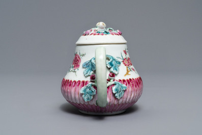 Two Chinese famille rose relief-moulded 'lotus' teapots and covers, Yongzheng