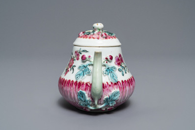 Two Chinese famille rose relief-moulded 'lotus' teapots and covers, Yongzheng