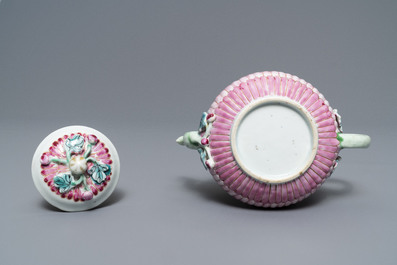 Two Chinese famille rose relief-moulded 'lotus' teapots and covers, Yongzheng