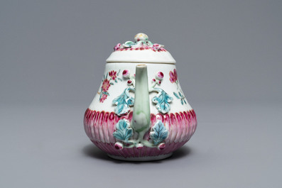 Two Chinese famille rose relief-moulded 'lotus' teapots and covers, Yongzheng