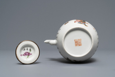 A Chinese famille rose 'Wu Shuang Pu' teapot and cover, Daoguang mark, 19th C.