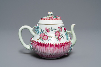 Two Chinese famille rose relief-moulded 'lotus' teapots and covers, Yongzheng