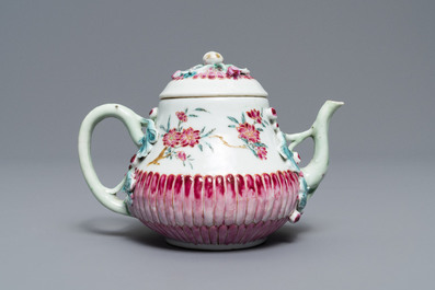 Two Chinese famille rose relief-moulded 'lotus' teapots and covers, Yongzheng