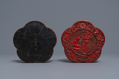 A Chinese carved cinnabar lacquer box and cover, Wanli mark, 18/19th C.
