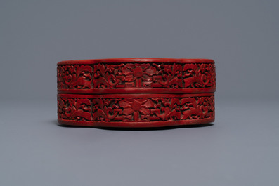 A Chinese carved cinnabar lacquer box and cover, Wanli mark, 18/19th C.