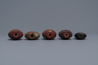 Nine various Chinese hardstone snuff bottles, 19/20th C.