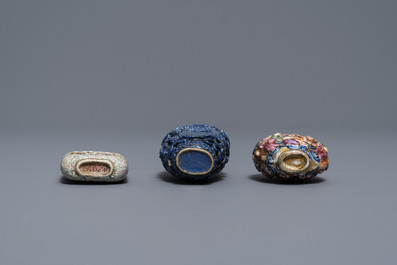 Six Chinese famille rose, blanc de Chine and faux-lapis lazuli relief-decorated snuff bottles, 19/20th C.