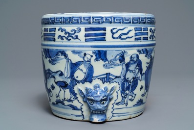 A large Chinese blue and white '8 immortals' censer, Wanli