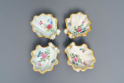Four Chinese famille rose rocaille-shaped tripod salts, Qianlong