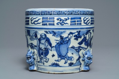 A large Chinese blue and white '8 immortals' censer, Wanli