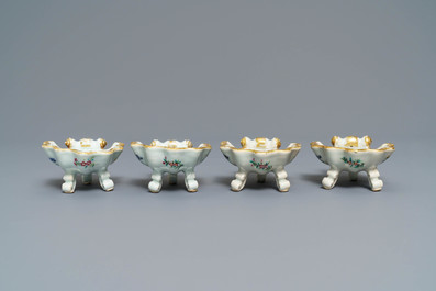 Four Chinese famille rose rocaille-shaped tripod salts, Qianlong
