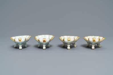 Four Chinese famille rose rocaille-shaped tripod salts, Qianlong