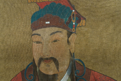 Chinese school, ink and colour on silk, Qing: Three portraits of historical emperors