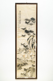 Chinese school, signed Su Liupeng (1791-1862), ink and colour on paper: 'Two scholars near a rock'
