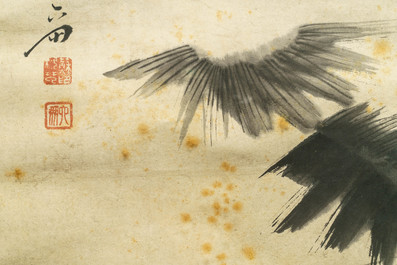Chinese school, signed Su Liupeng (1791-1862), ink and colour on paper: 'Two scholars near a rock'