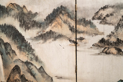 Chinese school, signed Tan Xun, 20th C., ink and colour on paper mounted as screen: 'Mountain landscape'