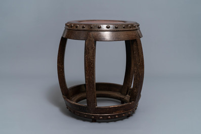 A Chinese carved hardwood stand with rootwood top, 19th C.