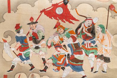 Ecole chinoise, encre et couleurs sur papier, Qing: 'Guerriers et saints en ciel'