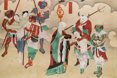 Ecole chinoise, encre et couleurs sur papier, Qing: 'Guerriers et saints en ciel'
