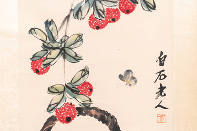 Chinese school, ink and watercolour on paper, 20th C.: 'Lychees and a fruit basket'