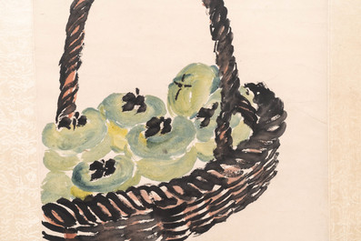 Chinese school, ink and watercolour on paper, 20th C.: 'Lychees and a fruit basket'