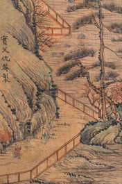 Chinese school, after Qiu Ying (c.1494-1551/52), ink and colour on silk: 'mountainous landscape', inscribed and dated 1545