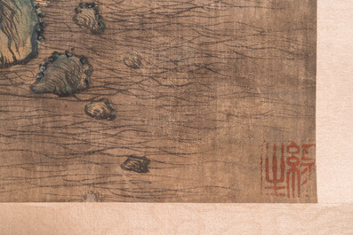 Chinese school, after Qiu Ying (c.1494-1551/52), ink and colour on silk: 'mountainous landscape', inscribed and dated 1545