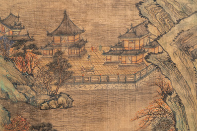Chinese school, after Qiu Ying (c.1494-1551/52), ink and colour on silk: 'mountainous landscape', inscribed and dated 1545
