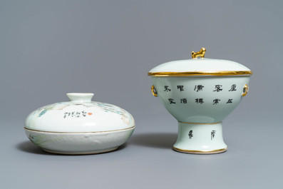 A Chinese qianjiang cai spice box and a warming bowl on foot, 19/20th C.