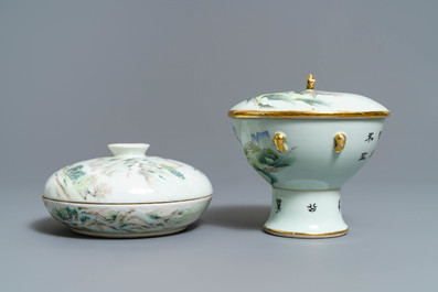 A Chinese qianjiang cai spice box and a warming bowl on foot, 19/20th C.