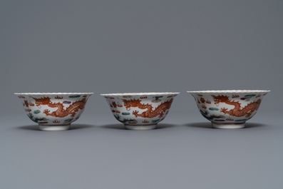 Six Chinese Straits or Peranakan famille rose bowls with dragons, Qianlong mark, 19th C.