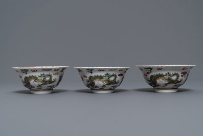 Six Chinese Straits or Peranakan famille rose bowls with dragons, Qianlong mark, 19th C.