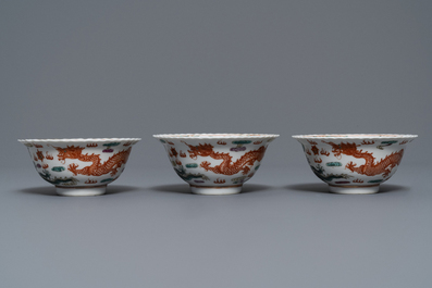 Six Chinese Straits or Peranakan famille rose bowls with dragons, Qianlong mark, 19th C.