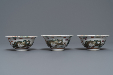 Six Chinese Straits or Peranakan famille rose bowls with dragons, Qianlong mark, 19th C.