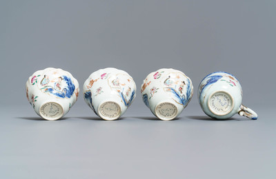 Vier Chinese famille rose koppen, drie schotels en een bord, Qianlong