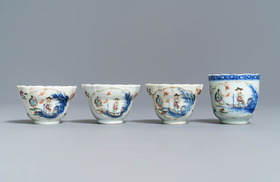 Vier Chinese famille rose koppen, drie schotels en een bord, Qianlong