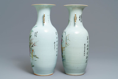 Two Chinese famille rose vases with figures in a garden, 19/20th C.