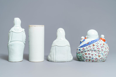Three Chinese famille rose figures and a qianjiang cai hat stand, 19/20th C.